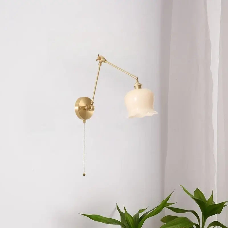 Vintage brass and cream resin led wall sconce with adjustable arm and cream resin led glass shade for bedroom decorbites cream resin