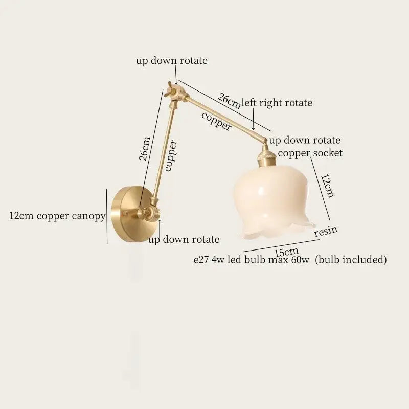 Vintage brass and cream resin led wall sconce with fluted off-white resin shade and adjustable arms for bedroom decorbites cream resin