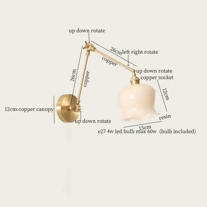 Vintage brass and cream resin led wall sconce with fluted off-white resin shade and adjustable arms for bedroom decorbites cream resin