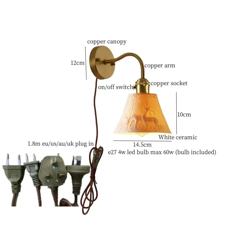 Vintage brass and frosted glass wall sconce with copper canopy and deer-etched ceramic led wall decorbites ceramic led