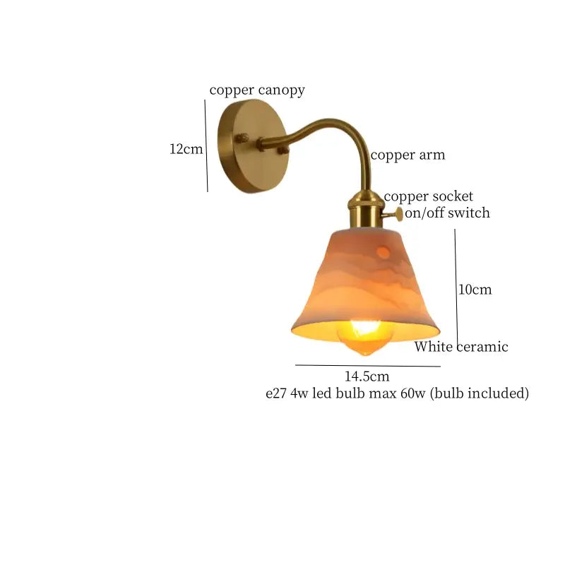 Copper-finished wall sconce with white ceramic lampshade in warm orange hues for decorbites ceramic led wall lighting
