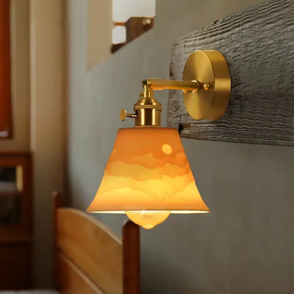 Vintage brass and frosted glass wall sconce with amber ceramic led wall lampshade featuring painted sunset decorbites ceramic led