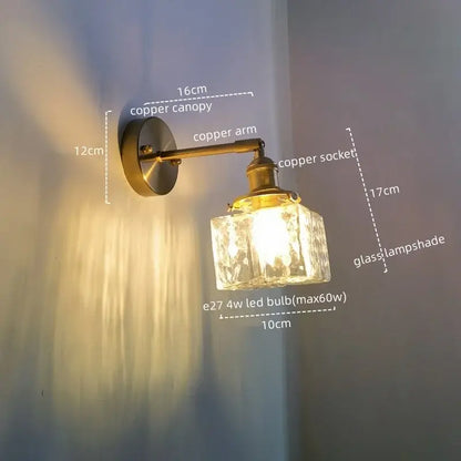 Copper-finished vintage brass and glass led wall lamp with textured clear glass lampshade and pull chain light for bedroom