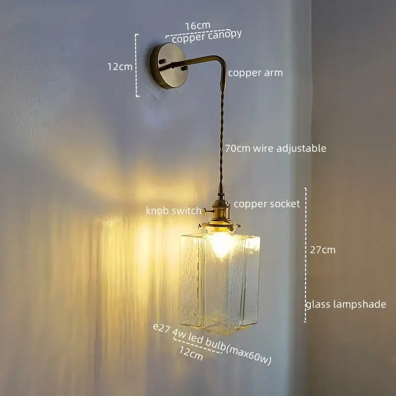 Vintage brass and copper led wall lamp with textured glass lampshade and adjustable wire for bedroom lighting