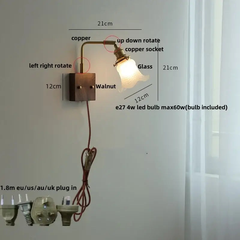 Vintage brass and glass pink led wall lamp with copper sconce, walnut base, adjustable arm, and glass lampshade