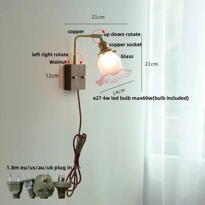 Copper wall lamp with frosted glass pink led shade and adjustable arm for vintage bedroom sconce lighting