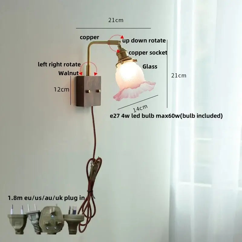 Copper wall lamp with frosted glass pink led shade and adjustable arm for vintage bedroom sconce lighting