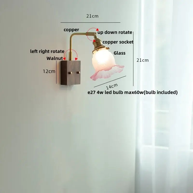 Copper and walnut vintage brass wall sconce with frosted ruffled glass shade for glass pink led wall bedroom lighting