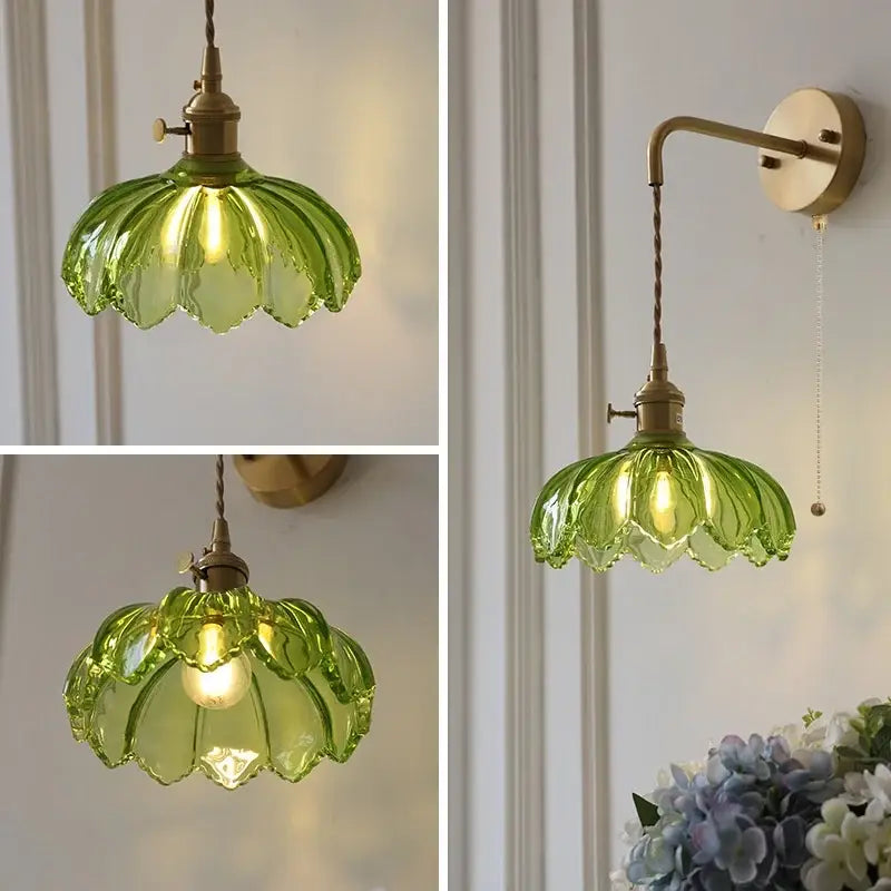 Vintage brass and green glass led wall lamp with flower-shaped pendant light for bedroom lotus decor