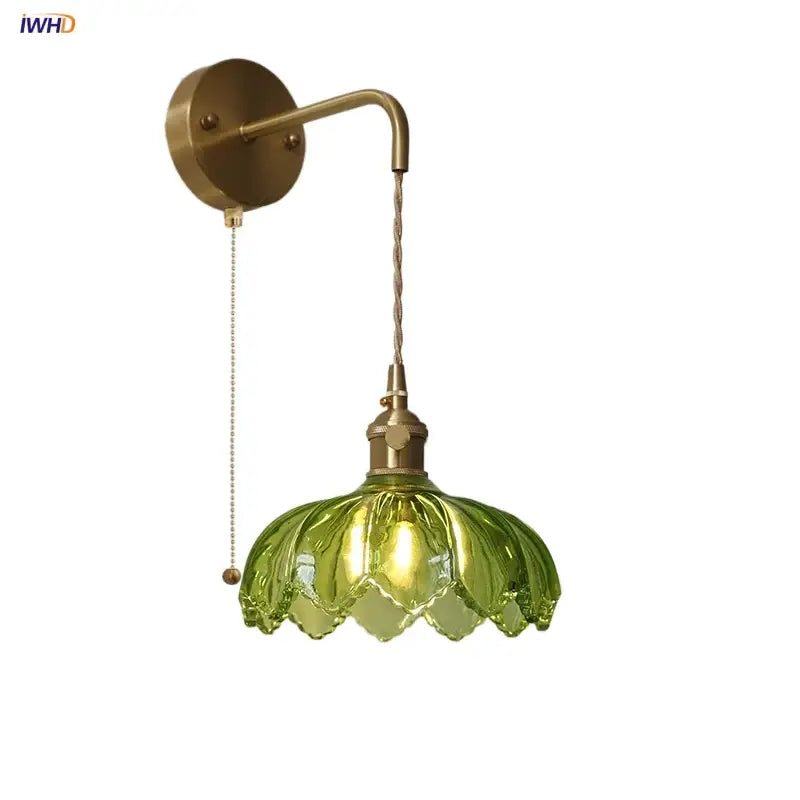 Vintage brass wall lamp with green glass led lotus-shaped shade for elegant bedroom lighting fixture
