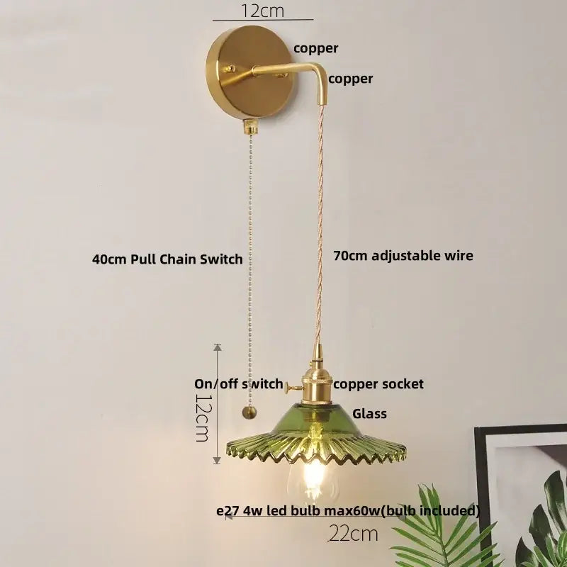Vintage-style copper wall lamp with green glass led shade and adjustable 70cm wire for bedroom lotus light
