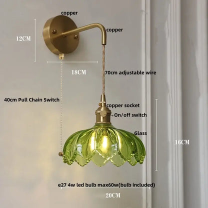 Vintage brass wall lamp with green glass led petal shade and adjustable copper wire for bedroom lotus light