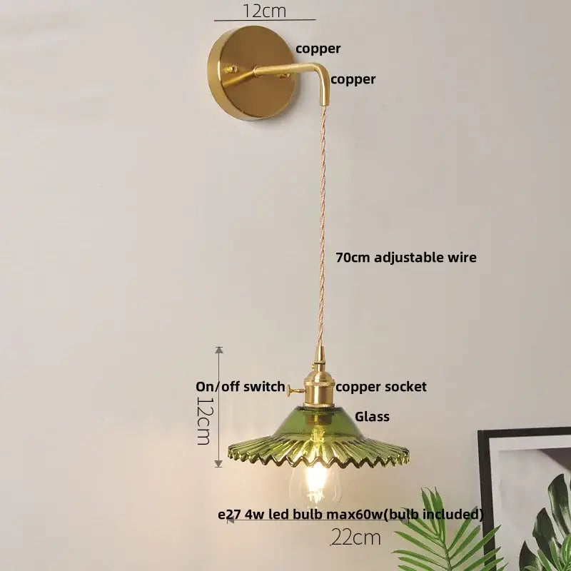 Vintage brass wall lamp with green glass led shade and adjustable copper wire for bedroom lighting lotus light