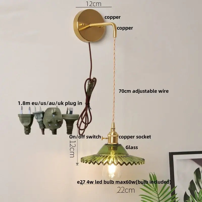 Vintage brass wall lamp with green glass led lotus shade and adjustable 70cm copper wire for bedroom use