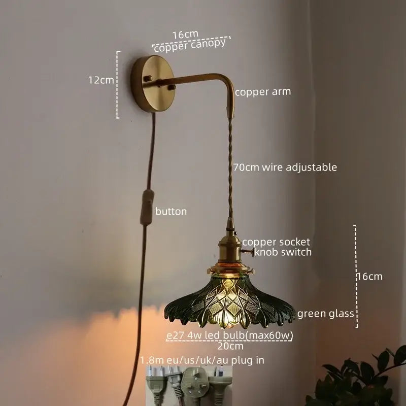 Vintage brass and green glass led wall lamp with antique copper wall sconce and adjustable 70cm wire for living room