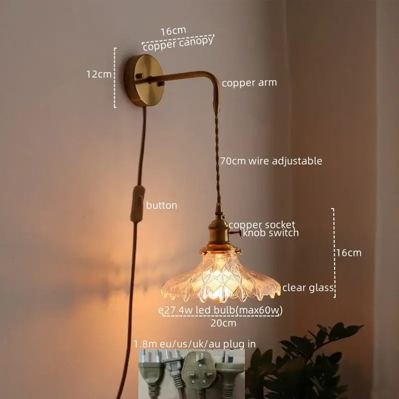 Vintage brass and green glass led wall lamp with antique brass copper sconce and clear glass shade with cut patterns