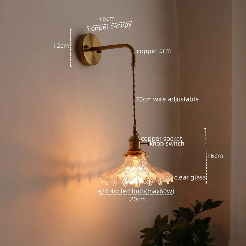 Vintage brass and green glass led wall lamp with antique brass copper sconce and clear diamond-cut glass shade