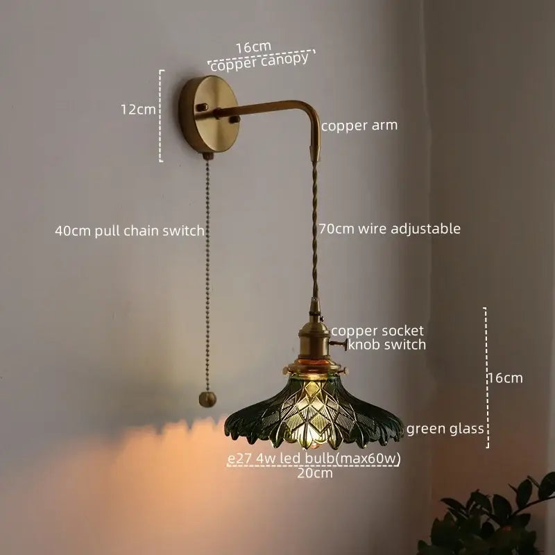 Antique-style vintage brass and green glass led wall lamp with adjustable 70cm wire arm for living room sconce lighting