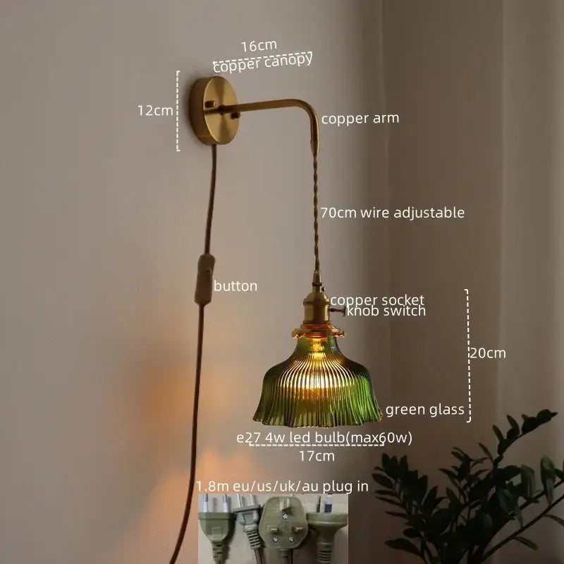 Vintage brass led wall lamp with a copper sconce, green ribbed glass shade, and adjustable 70cm wire for living room use