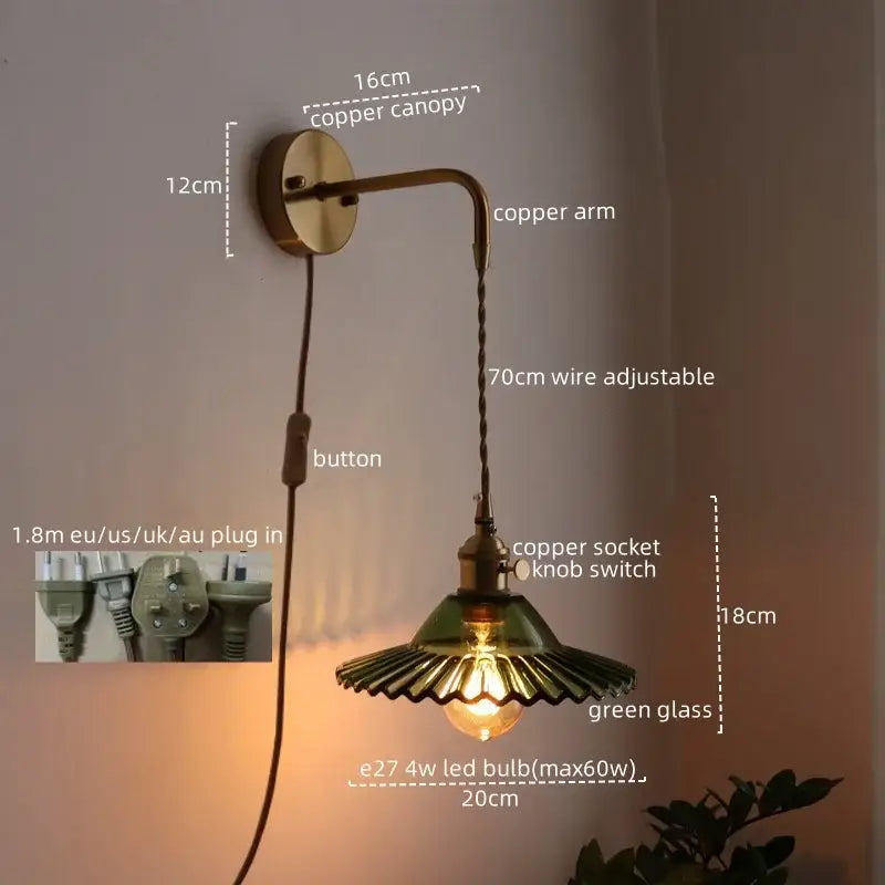 Vintage brass led wall lamp with copper sconce, green glass shade, and adjustable 70cm wire for living room use