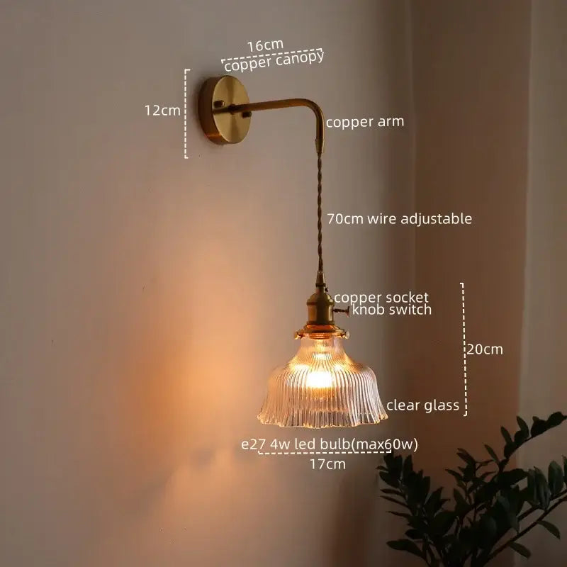 Vintage brass led wall lamp with copper adjustable wire arm and clear glass shade for living room sconce lighting