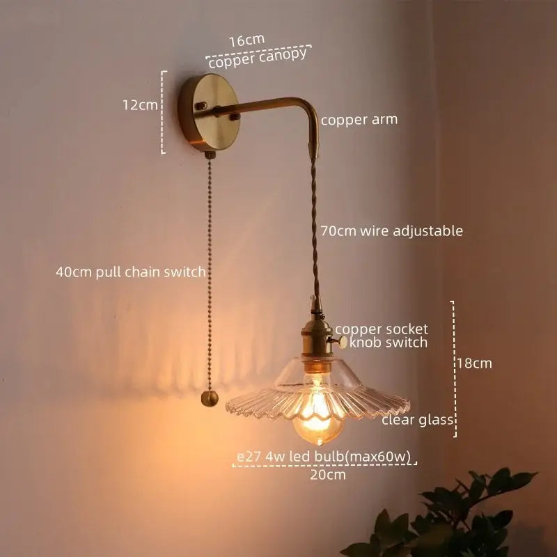 Copper wall lamp with clear glass shade and adjustable wire arm vintage brass and green glass led wall lamp design