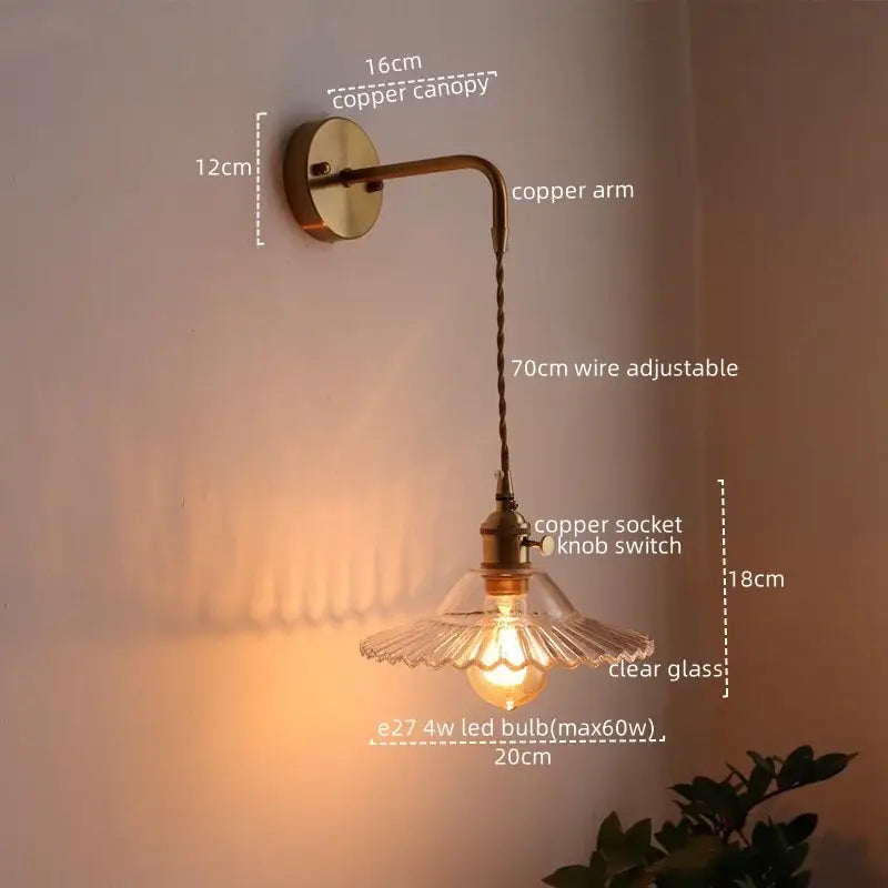 Vintage brass and green glass led wall lamp with copper sconce clear glass shade and adjustable wire arm for living room
