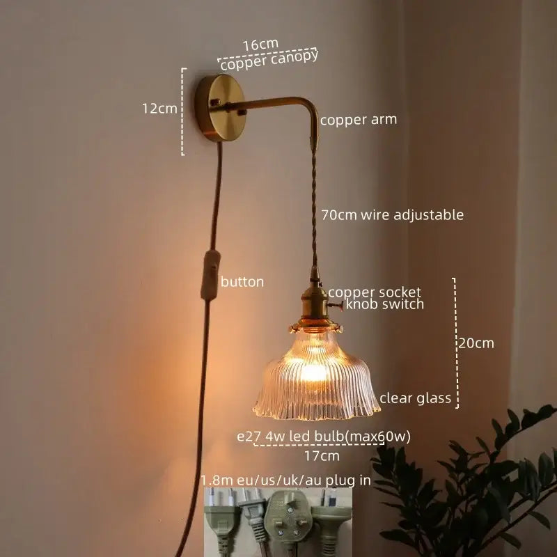 Vintage brass and copper led wall lamp with clear ribbed glass shade and adjustable 70cm wire for living room sconce