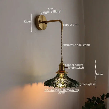 Vintage brass and green glass led wall lamp with adjustable 70cm copper arm for living room sconce lighting