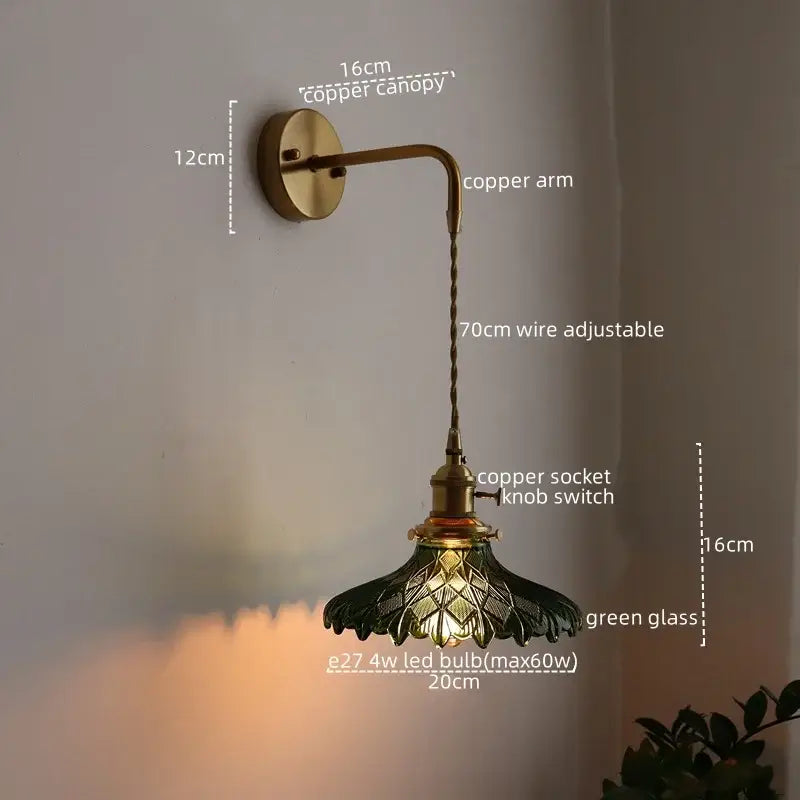 Vintage brass and green glass led wall lamp with adjustable 70cm copper arm for living room sconce lighting