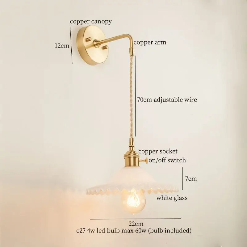 Gold-toned copper wall light with white scalloped glass shade and 70cm adjustable braided wire for vintage brass green glass led use