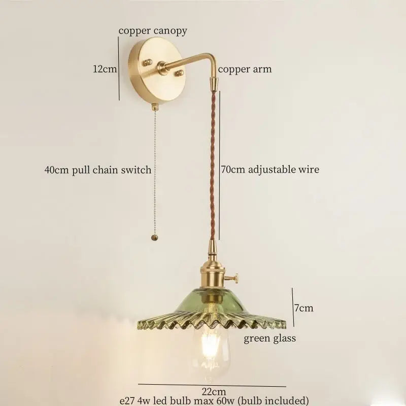 Vintage brass wall light with green glass led shade and braided wire for bedroom sconce lighting