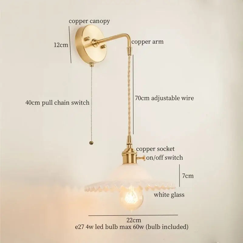 Vintage brass wall light with green glass led and adjustable copper sconce featuring a white glass shade for bedroom use