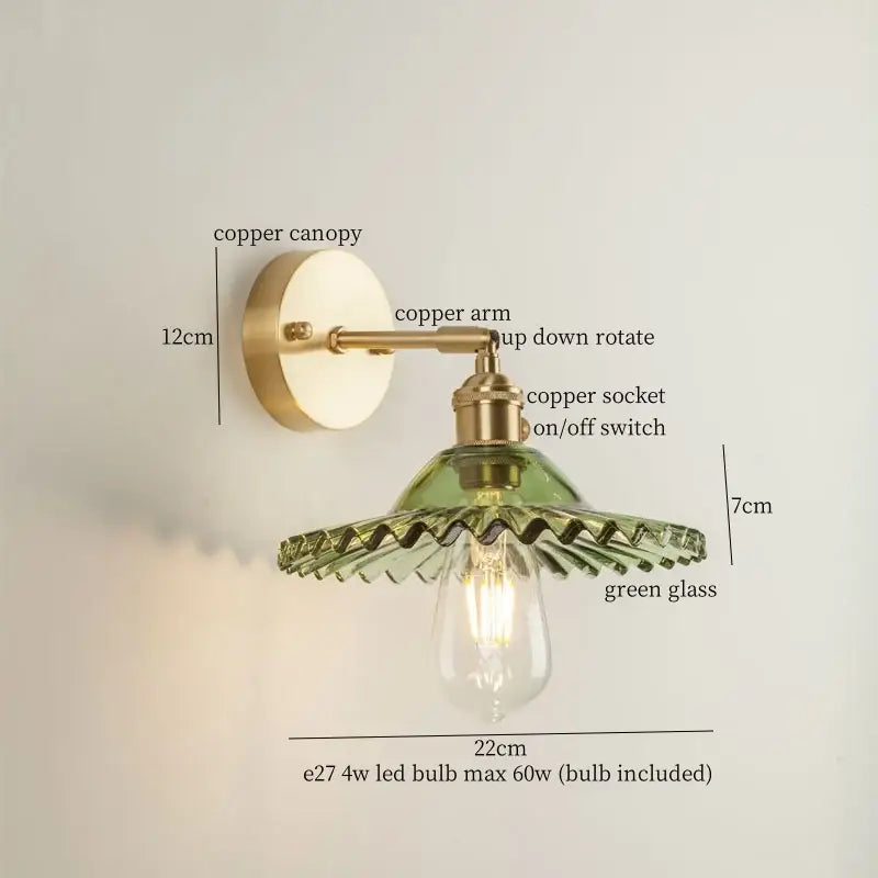 Vintage brass and green glass led wall light with scalloped ornate glass led wall shade and edison bulb canopy