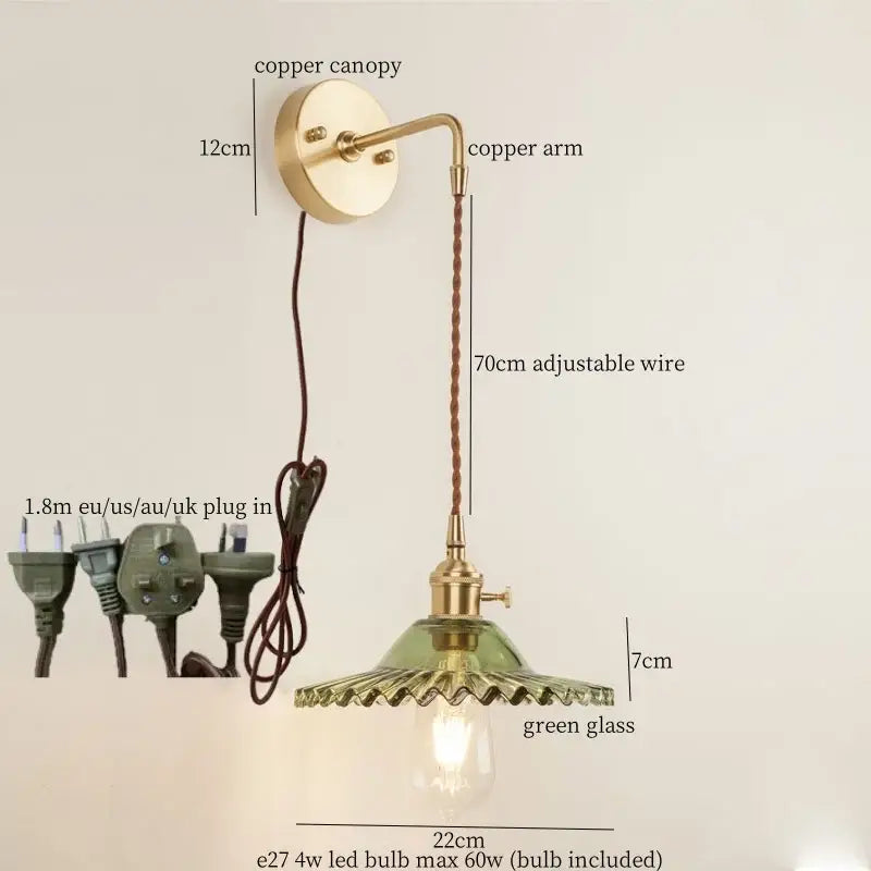Vintage brass wall light with green glass led shade and adjustable wire for bedroom lighting decor