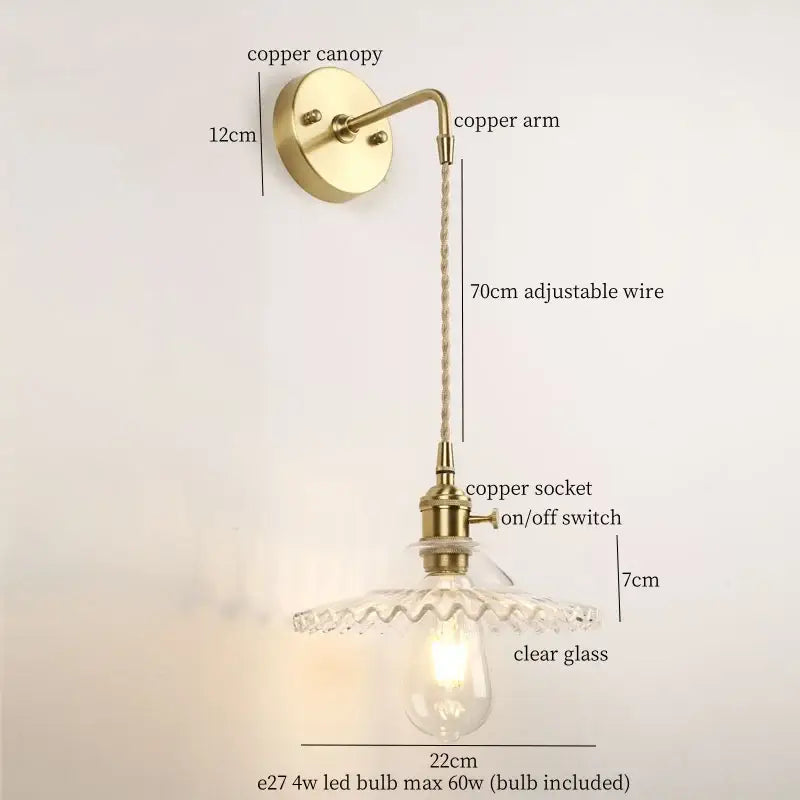 Vintage brass and green glass led wall light with copper adjustable wire arm and clear glass shade for bedroom sconce