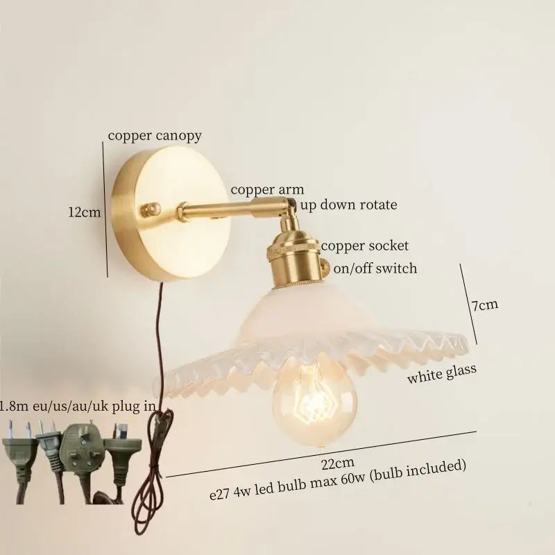 Vintage brass wall light with green glass led and ornate white glass shade for bedroom sconce lighting