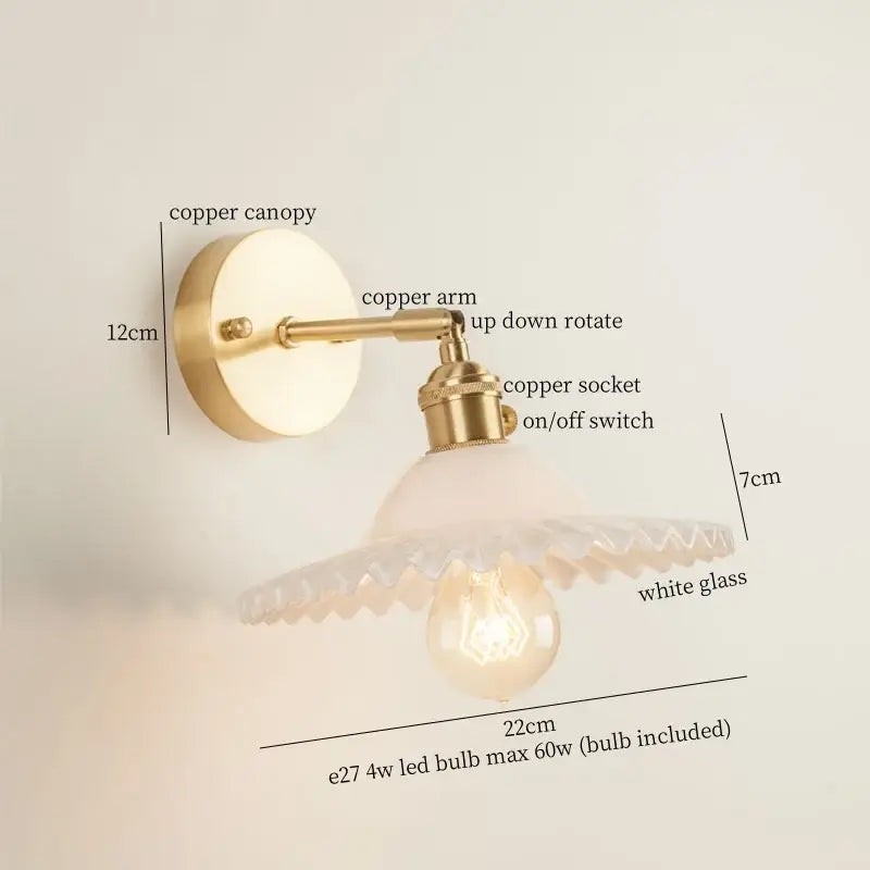 Vintage brass wall light with a copper canopy and ornate white glass shade for bedroom green glass led wall use