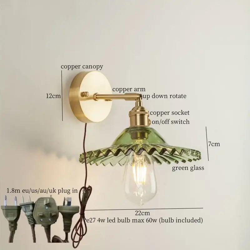 Vintage brass wall light with green glass led scalloped shade and copper canopy for bedroom sconce lighting