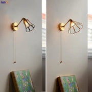 Vintage brass wall lights with green glass led fan-shaped shade and adjustable arm for bedroom sconce lighting