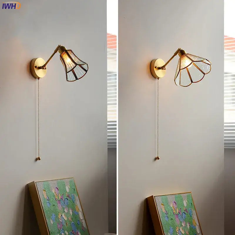 Vintage brass wall lights with green glass led fan-shaped shade and adjustable arm for bedroom sconce lighting