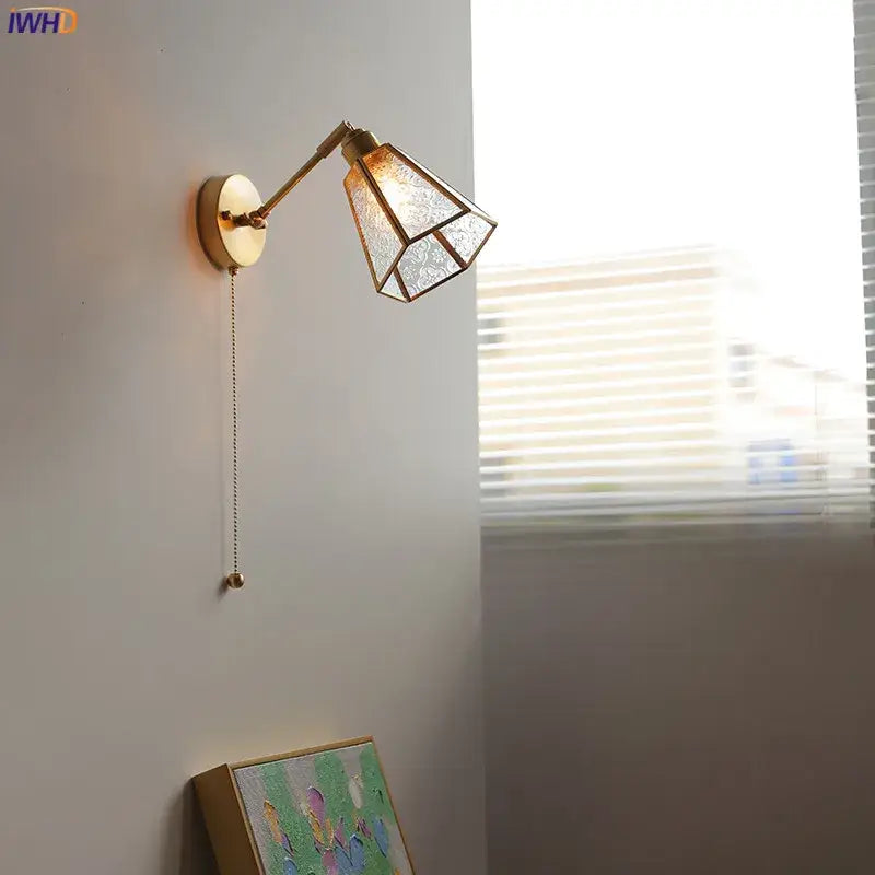 Vintage brass wall lights with green glass led geometric shade featuring intricate etched patterns for bedroom sconce