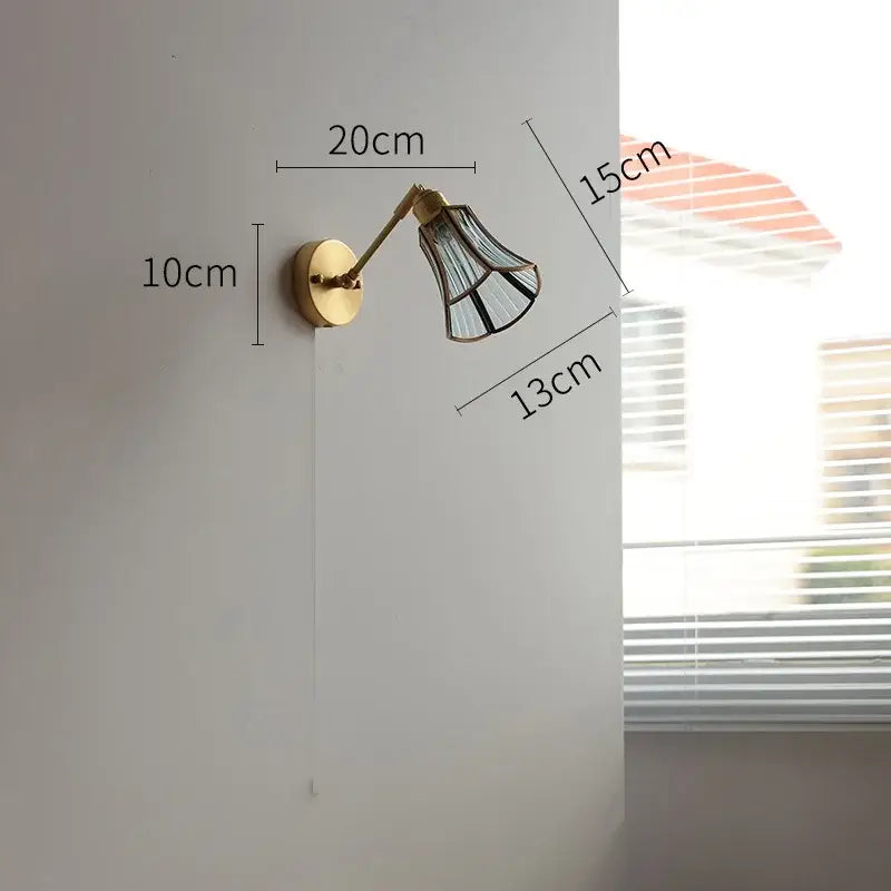 Vintage brass wall lights with slender articulated arm and green glass led geometric shade for bedroom sconce lighting