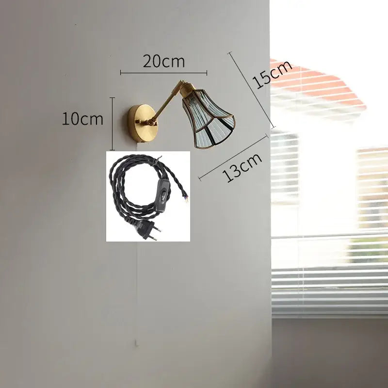 Vintage brass wall lights with green glass led shade and black geometric trim for bedroom sconce lighting
