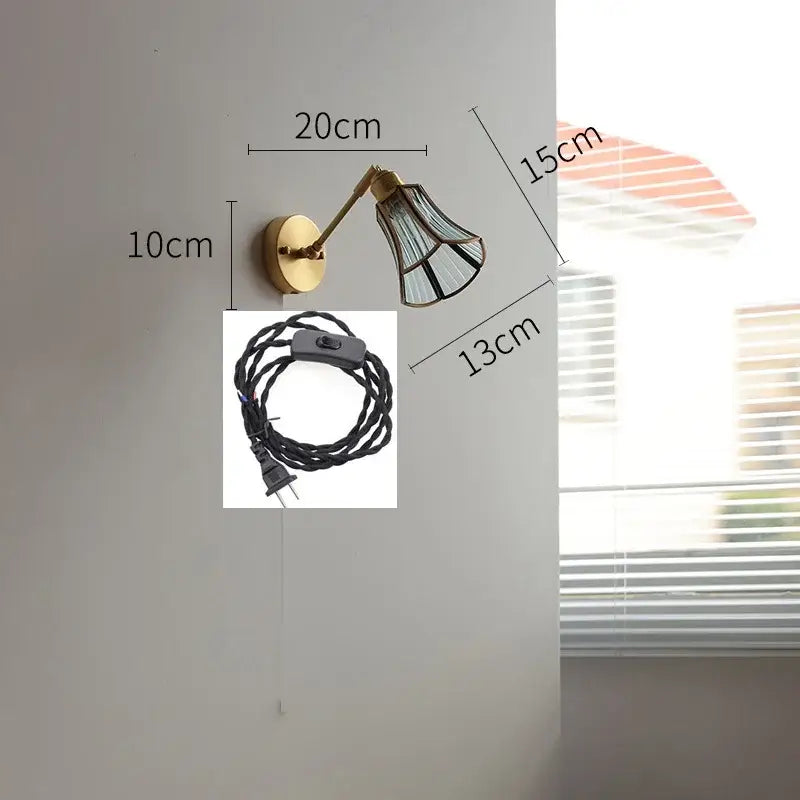 Vintage brass wall lights with green glass led shade and black braided cord for bedroom sconce lighting