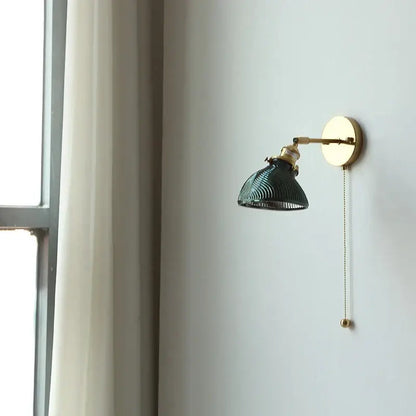 Vintage brass and green glass led wall lights with ribbed shade and brass finish for bedroom sconce lighting
