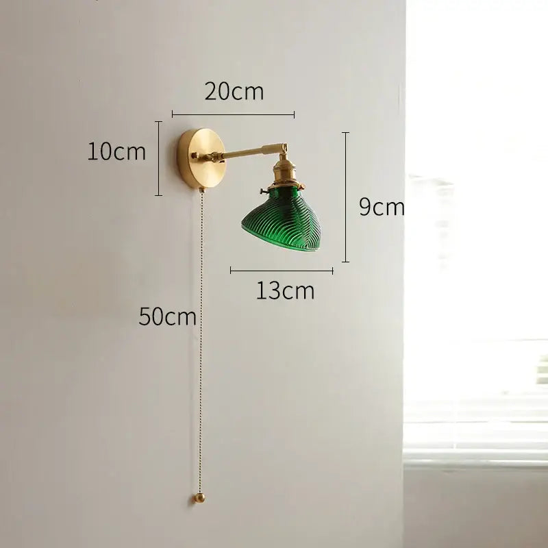 Vintage brass wall lights with textured green glass led shade designed as glass led wall bedroom sconce