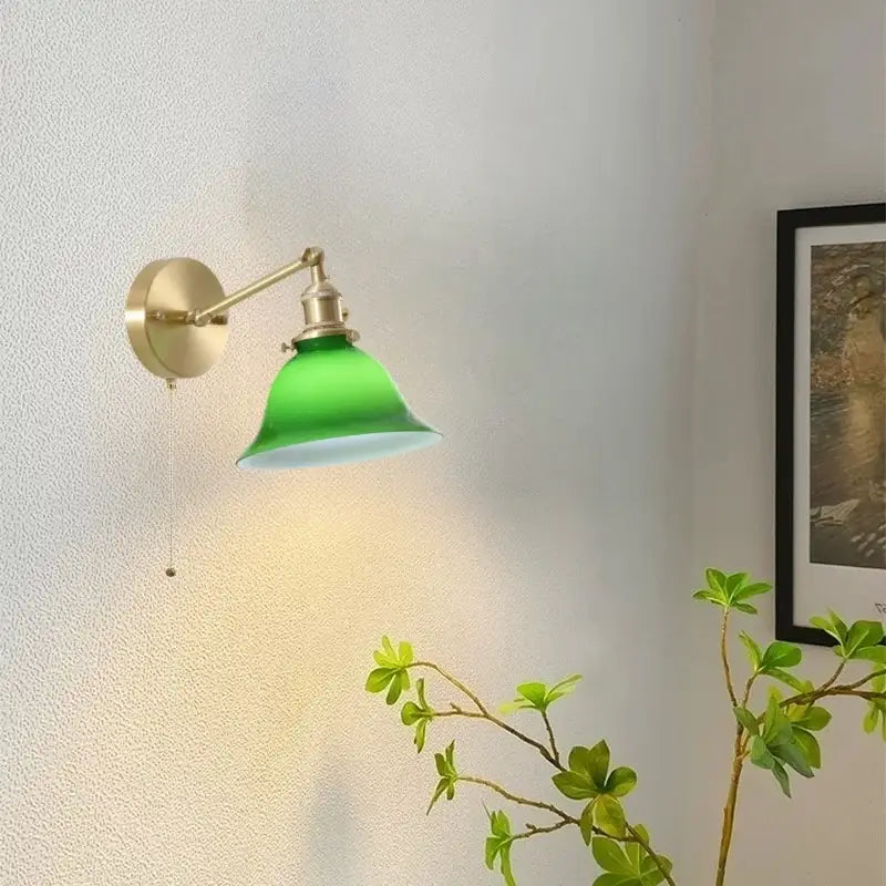Vintage brass and green glass led wall sconce with bell-shaped glass led for bedroom wall mount lighting