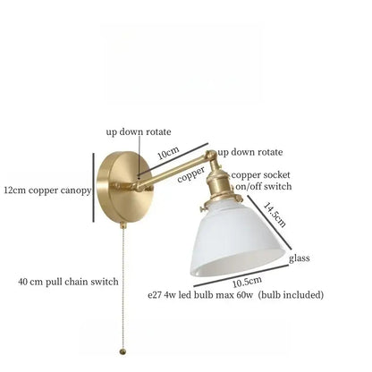 Vintage brass wall sconce with white glass shade and adjustable arm featuring green glass led for bedroom lighting