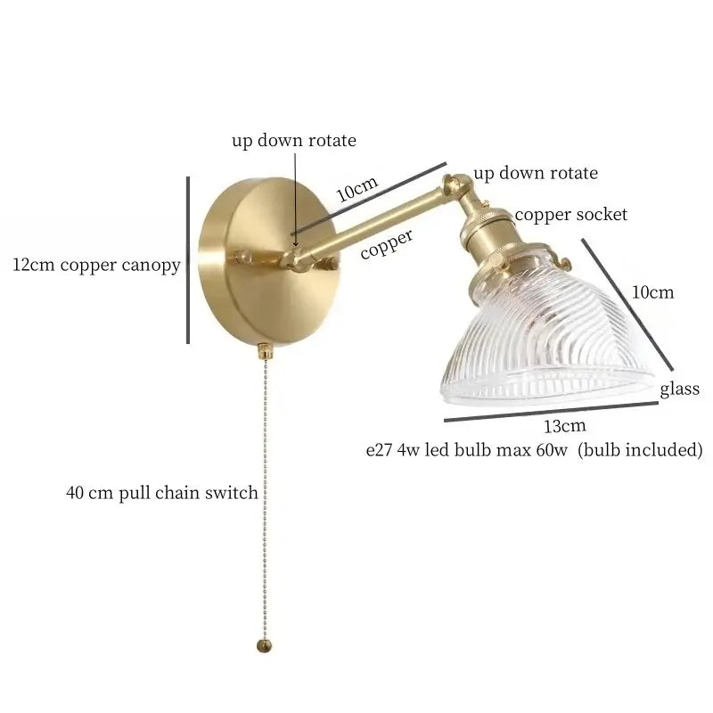 Vintage brass wall sconce with green glass led ribbed shade and adjustable arm for bedroom lighting